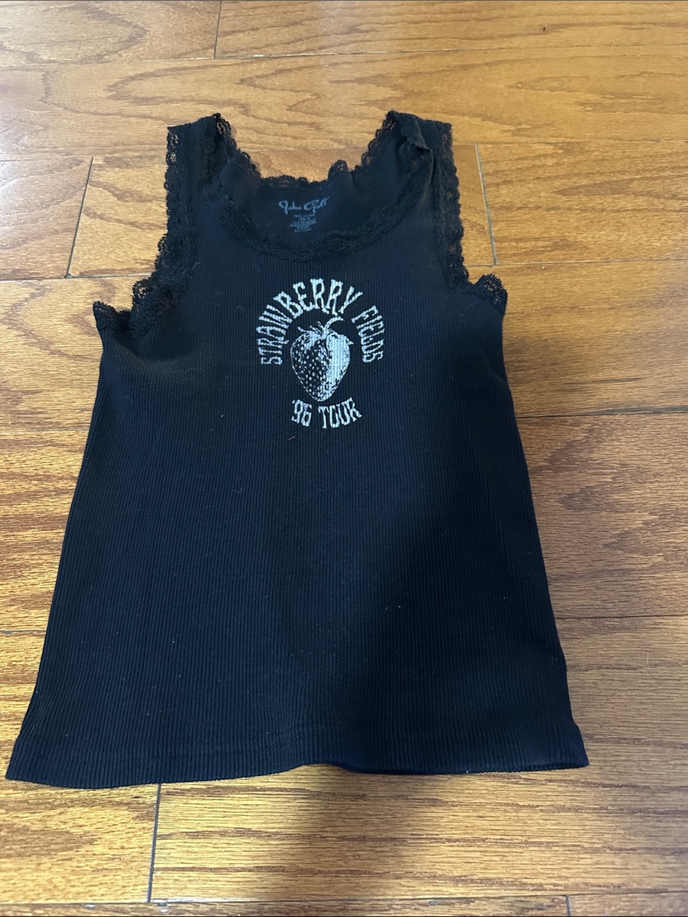 Black Lace-Trim Ribbed Tank Top with Strawberry Graphic - Kids